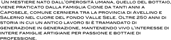  Un mestiere nato dall’operosità umana, quello del bottaio, viene praticato dalla famiglia Cione da tanti anni a Caposele, comune cerniera tra la provincia di Avellino e Salerno nel cuore del fondo Valle Sele. Oltre 250 anni di storia in cui un antico lavoro si è tramandato di generazione in generazione, mantenendo vivo l’interesse di intere famiglie artigiane per passione e bottaie di professione.